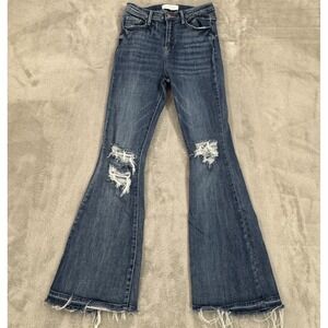 Risen Jeans Womens 3/26 Blue Flare Leg Stretch Distressed Frayed Boho Hippie